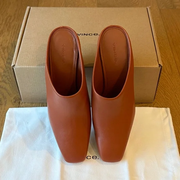 Vince Leather Benita Square Toe Slip On Clog Wedge Heel Pumps (Rust Amber) - Picture 7 of 16